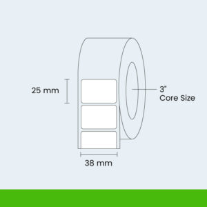labels on a roll 25mm x 38mm with a 3" core
